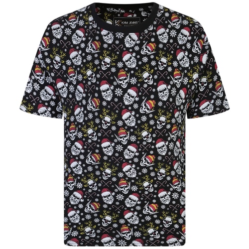 KAM All Over Santa Skull Print T-Shirt Red
